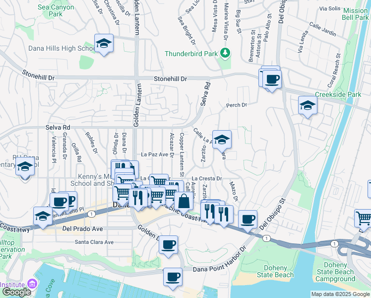map of restaurants, bars, coffee shops, grocery stores, and more near 33852 Copper Lantern Street in Dana Point