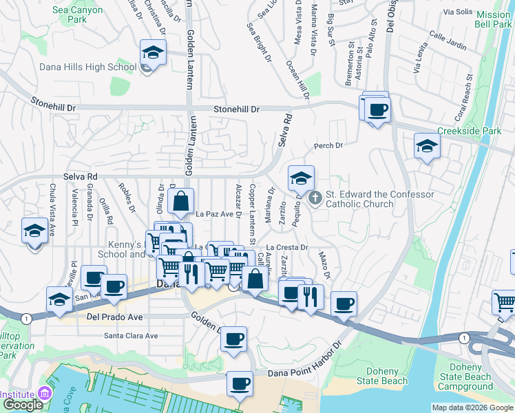 map of restaurants, bars, coffee shops, grocery stores, and more near 33852 Copper Lantern Street in Dana Point
