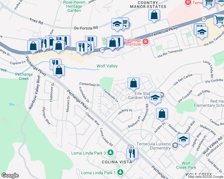 map of restaurants, bars, coffee shops, grocery stores, and more near 31062 Strawberry Tree Lane in Temecula