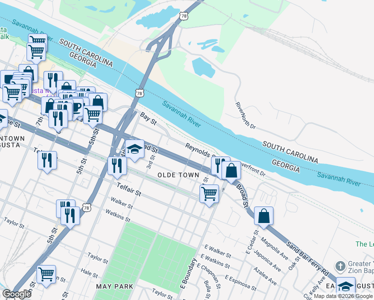 map of restaurants, bars, coffee shops, grocery stores, and more near 102 2nd Street in Augusta