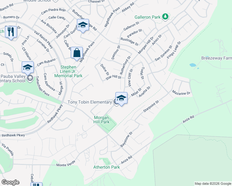 map of restaurants, bars, coffee shops, grocery stores, and more near 33850 Sattui Street in Temecula