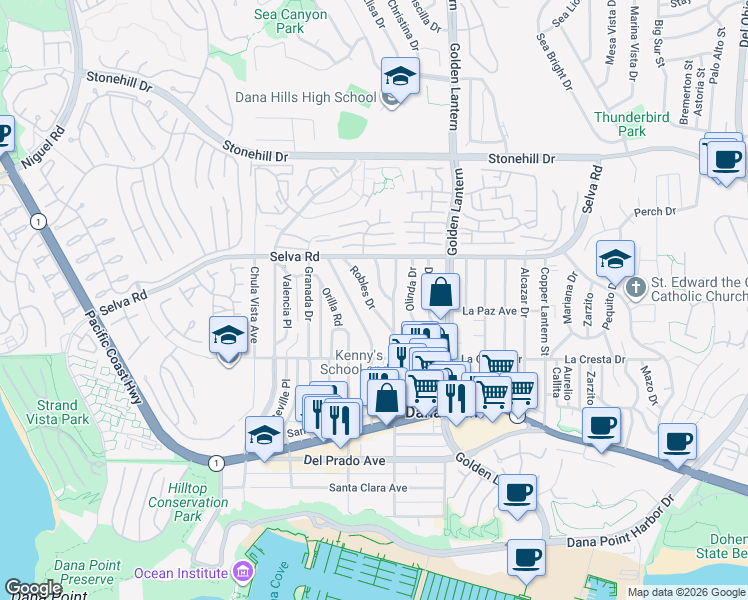 map of restaurants, bars, coffee shops, grocery stores, and more near 33859 Street of the Violet Lantern in Dana Point