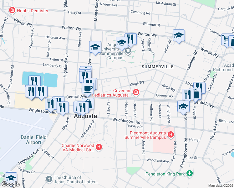 map of restaurants, bars, coffee shops, grocery stores, and more near 2423 Central Avenue in Augusta