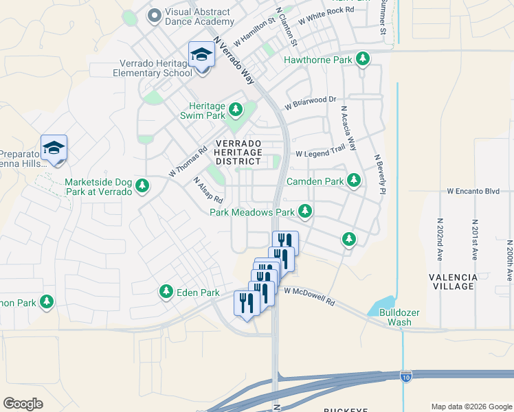 map of restaurants, bars, coffee shops, grocery stores, and more near 2215 North Heritage Street in Buckeye