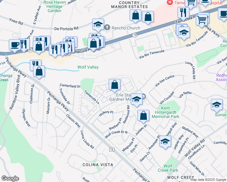 map of restaurants, bars, coffee shops, grocery stores, and more near 31189 Mountain Lilac Way in Temecula