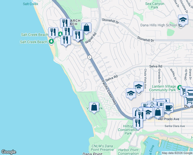 map of restaurants, bars, coffee shops, grocery stores, and more near in Dana Point
