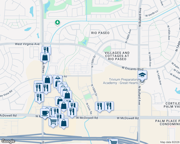 map of restaurants, bars, coffee shops, grocery stores, and more near West Monte Vista in Goodyear