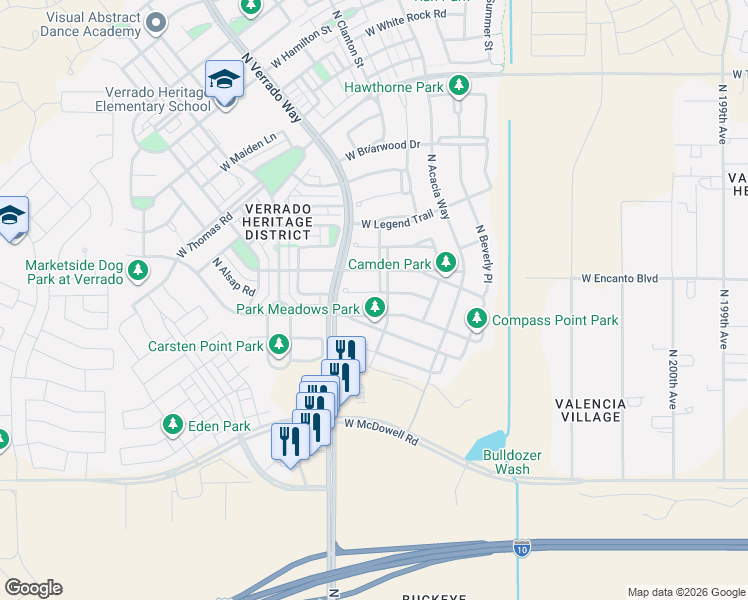 map of restaurants, bars, coffee shops, grocery stores, and more near 20636 West Park Meadows Drive in Buckeye
