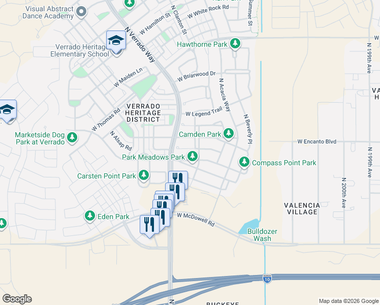 map of restaurants, bars, coffee shops, grocery stores, and more near 20636 West Park Meadows Drive in Buckeye