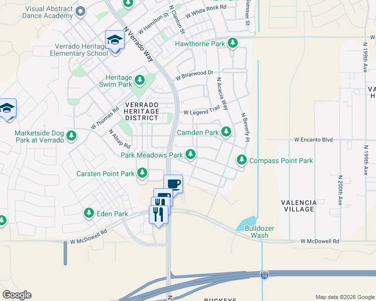 map of restaurants, bars, coffee shops, grocery stores, and more near 20636 West Park Meadows Drive in Buckeye