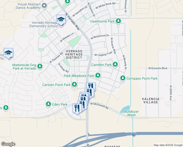map of restaurants, bars, coffee shops, grocery stores, and more near 20636 West Park Meadows Drive in Buckeye