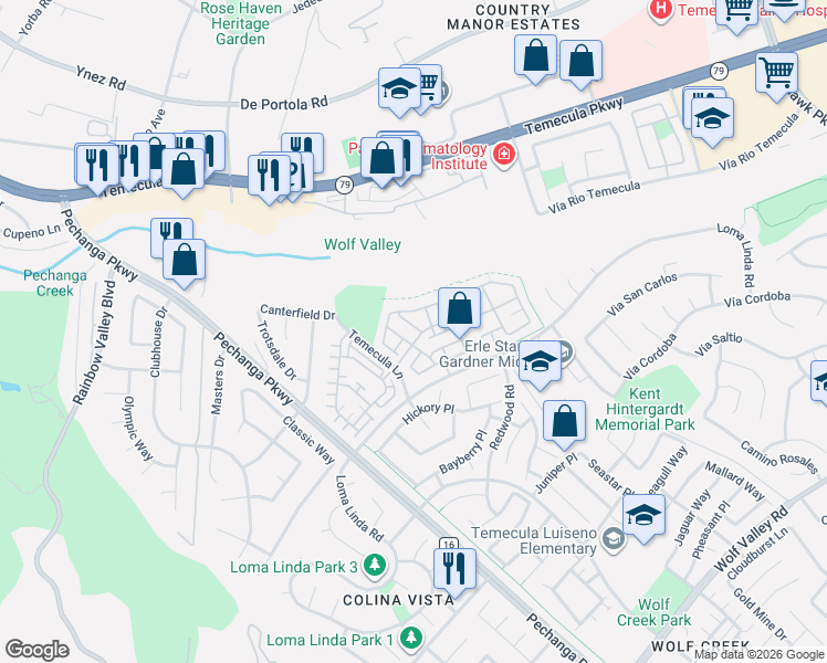 map of restaurants, bars, coffee shops, grocery stores, and more near 31140 Sunflower Way in Temecula