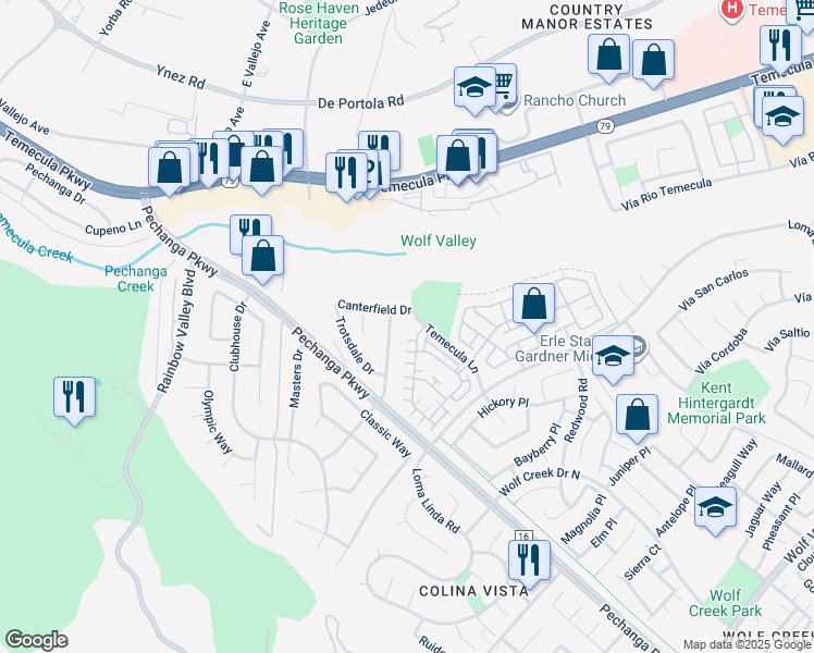 map of restaurants, bars, coffee shops, grocery stores, and more near 45037 Via Vela in Temecula