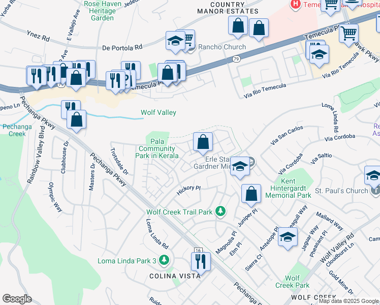 map of restaurants, bars, coffee shops, grocery stores, and more near 31161 Sunflower Way in Temecula