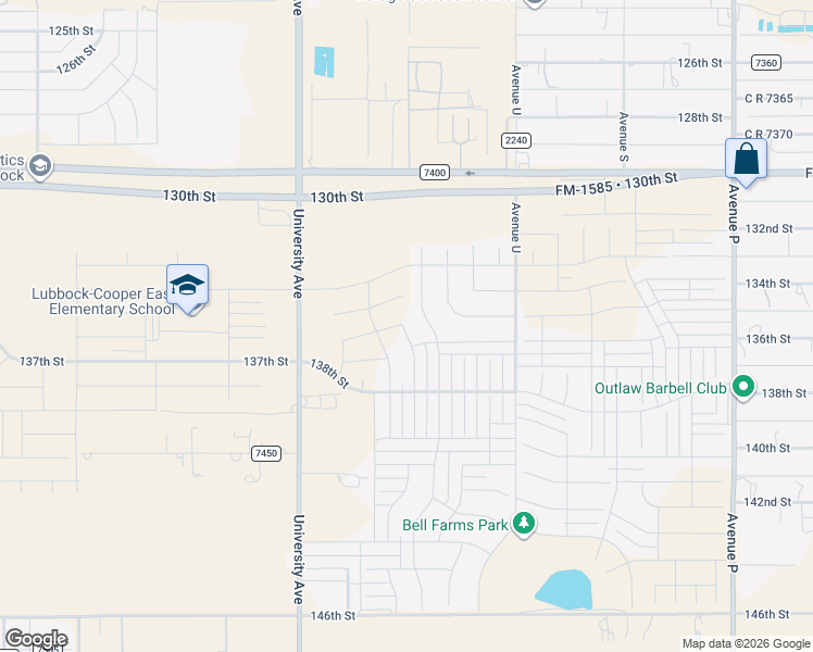 map of restaurants, bars, coffee shops, grocery stores, and more near Vernon Avenue in Lubbock