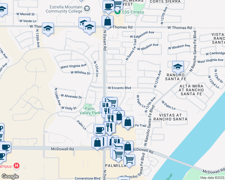 map of restaurants, bars, coffee shops, grocery stores, and more near 12905 West Alvarado Road in Avondale