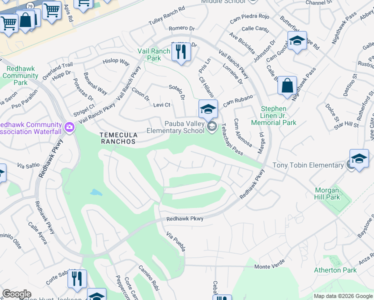 map of restaurants, bars, coffee shops, grocery stores, and more near 33081 Yucca Street in Temecula