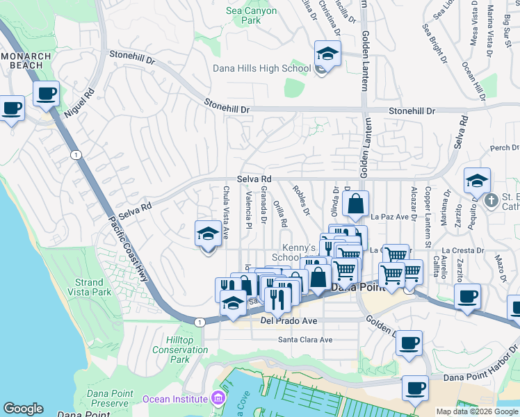 map of restaurants, bars, coffee shops, grocery stores, and more near 33852 Granada Drive in Dana Point