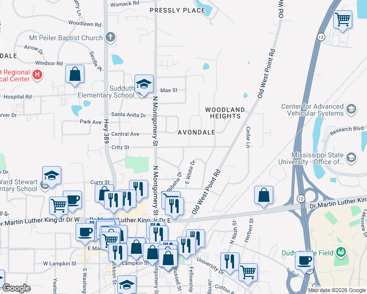 map of restaurants, bars, coffee shops, grocery stores, and more near 400 Critz Street in Starkville