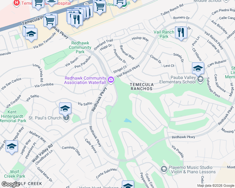 map of restaurants, bars, coffee shops, grocery stores, and more near Redhawk Parkway in Temecula
