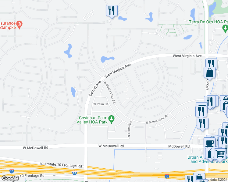 map of restaurants, bars, coffee shops, grocery stores, and more near 2370 North 161st Avenue in Goodyear