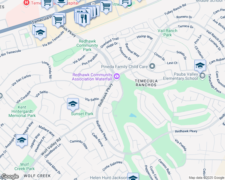 map of restaurants, bars, coffee shops, grocery stores, and more near 45377 Aguila Court in Temecula
