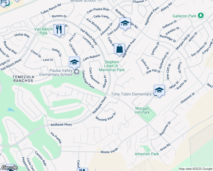 map of restaurants, bars, coffee shops, grocery stores, and more near 44956 Marge Place in Temecula