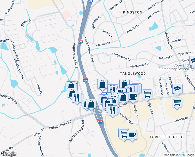 map of restaurants, bars, coffee shops, grocery stores, and more near 2 Fister Court in Augusta