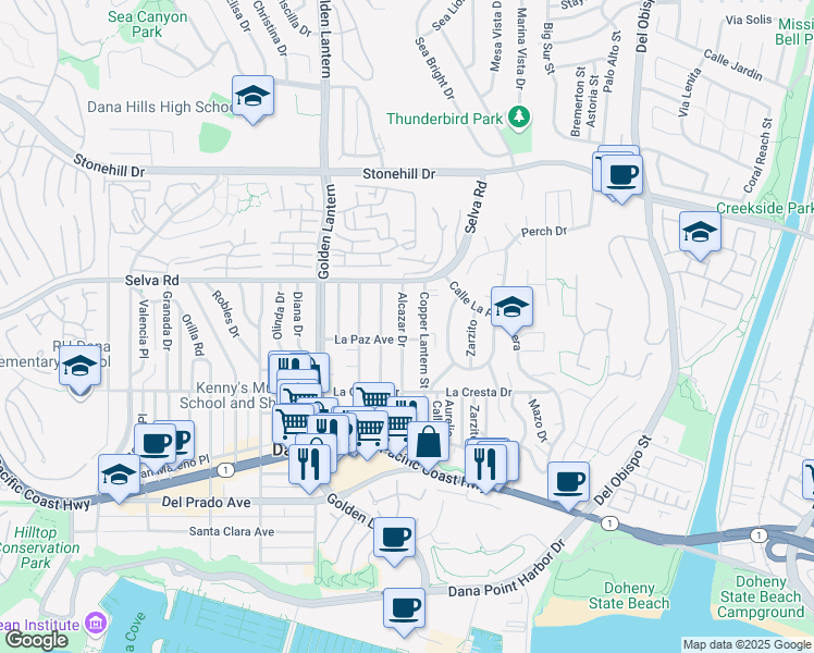 map of restaurants, bars, coffee shops, grocery stores, and more near 33842 Alcazar Drive in Dana Point