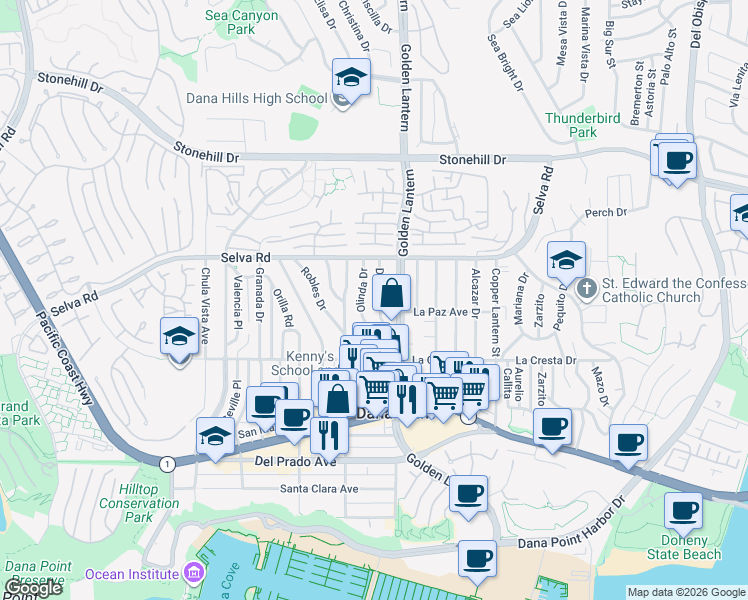 map of restaurants, bars, coffee shops, grocery stores, and more near 33861 Diana Drive in Dana Point