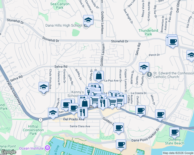 map of restaurants, bars, coffee shops, grocery stores, and more near 33842 Diana Drive in Dana Point