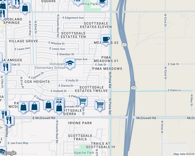 map of restaurants, bars, coffee shops, grocery stores, and more near 2210 North 87th Place in Scottsdale