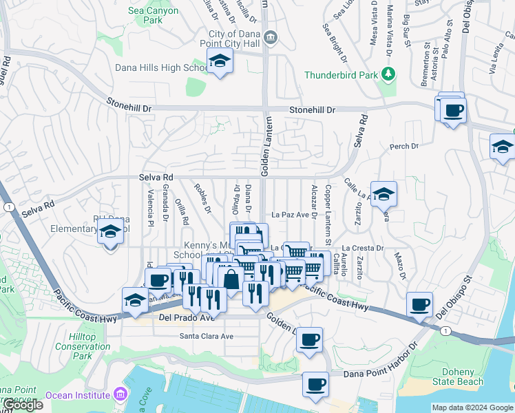 map of restaurants, bars, coffee shops, grocery stores, and more near 33841 Golden Lantern in Dana Point