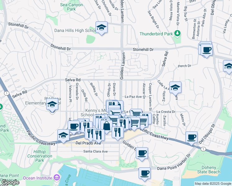 map of restaurants, bars, coffee shops, grocery stores, and more near 33842 Diana Drive in Dana Point