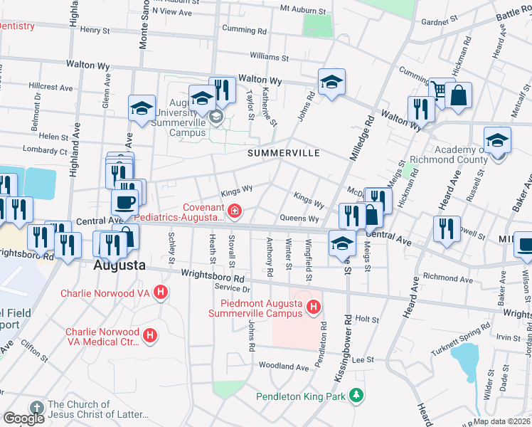 map of restaurants, bars, coffee shops, grocery stores, and more near 2267 Central Avenue in Augusta