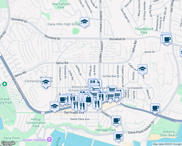 map of restaurants, bars, coffee shops, grocery stores, and more near 33842 Olinda Drive in Dana Point