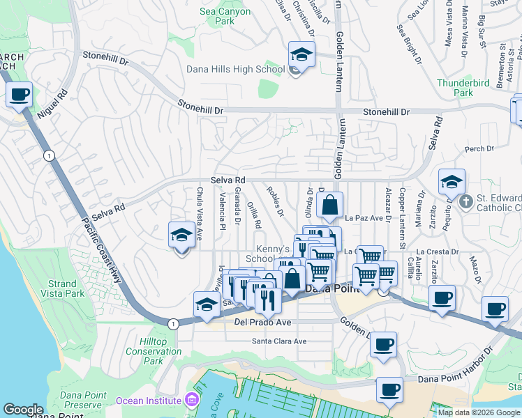 map of restaurants, bars, coffee shops, grocery stores, and more near 33831 El Encanto Avenue in Dana Point