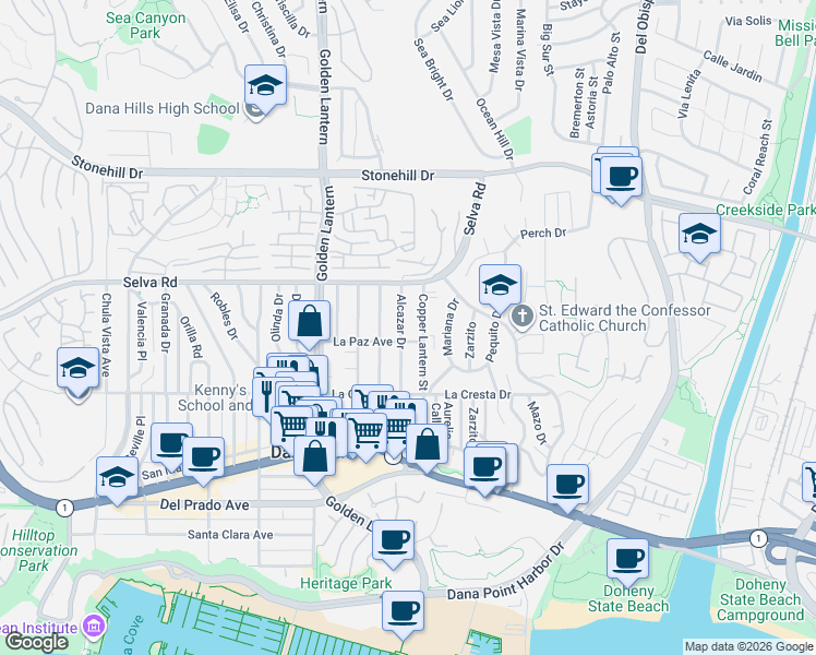 map of restaurants, bars, coffee shops, grocery stores, and more near 33842 Alcazar Drive in Dana Point