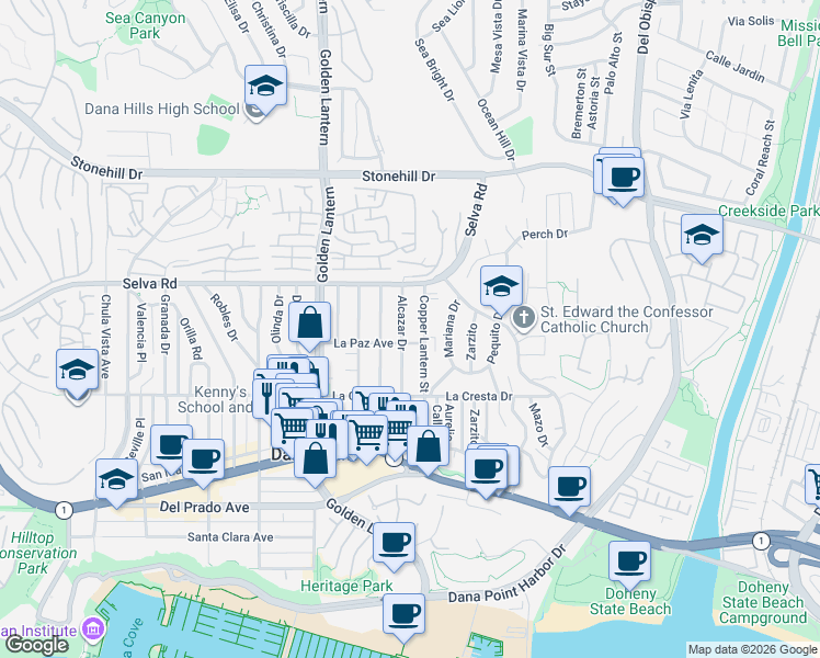map of restaurants, bars, coffee shops, grocery stores, and more near 33842 Alcazar Drive in Dana Point
