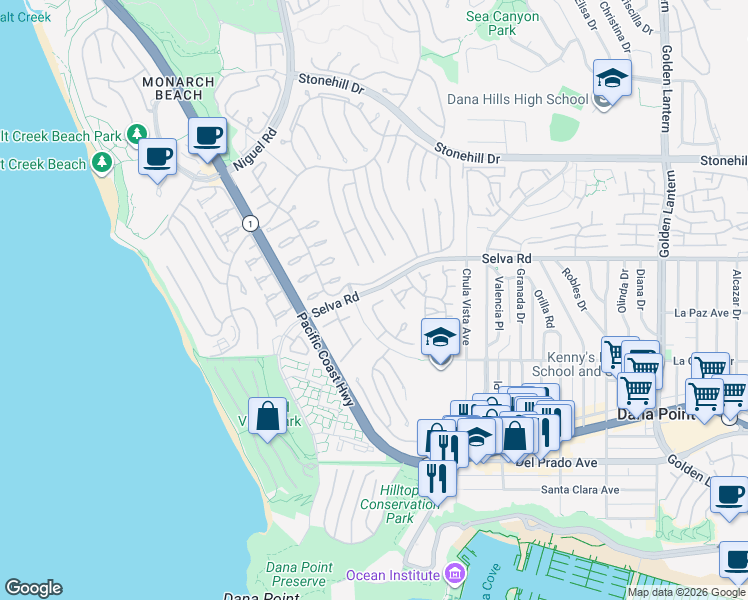 map of restaurants, bars, coffee shops, grocery stores, and more near 33842 Manta Court in Dana Point