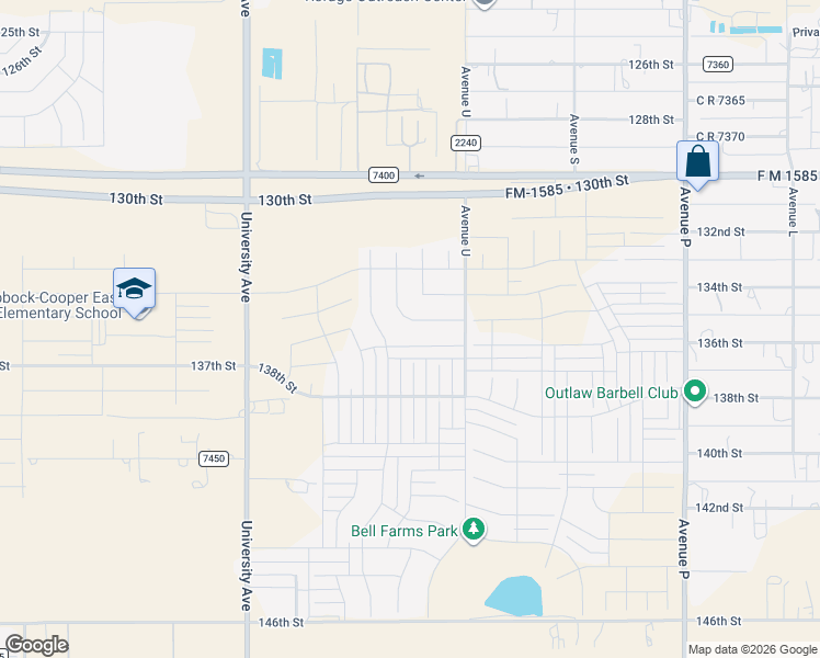 map of restaurants, bars, coffee shops, grocery stores, and more near 2122 136th Street in Lubbock