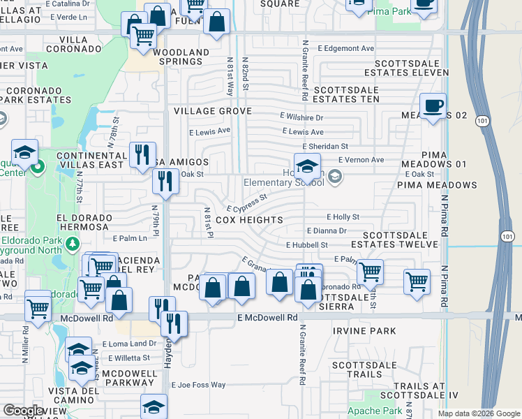 map of restaurants, bars, coffee shops, grocery stores, and more near 8261 East Monte Vista Road in Scottsdale