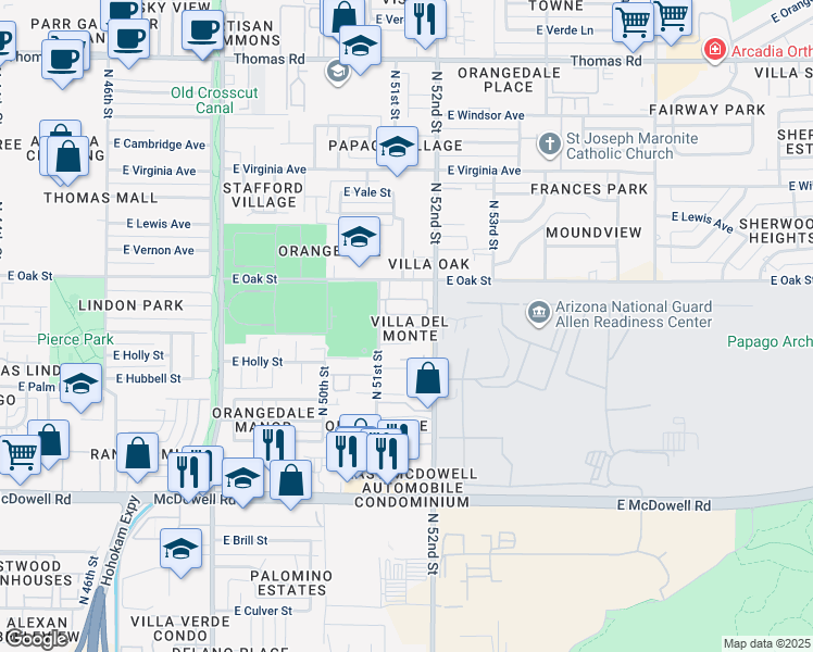 map of restaurants, bars, coffee shops, grocery stores, and more near 5161 East Monte Vista Road in Phoenix