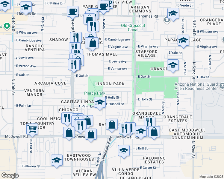 map of restaurants, bars, coffee shops, grocery stores, and more near 4637 East Monte Vista Road in Phoenix
