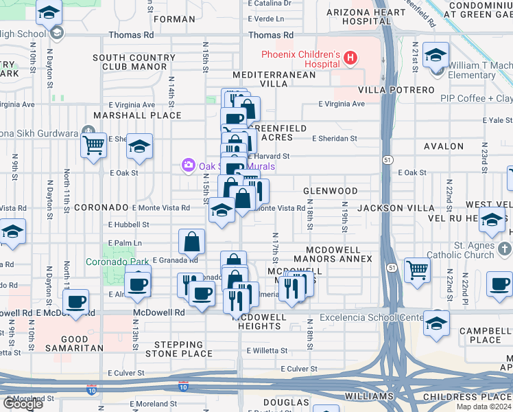 map of restaurants, bars, coffee shops, grocery stores, and more near 1617 East Monte Vista Road in Phoenix