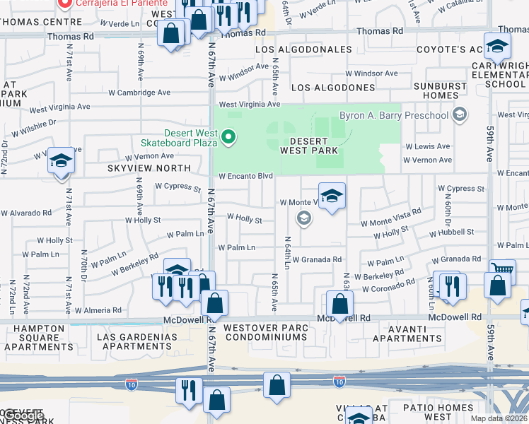 map of restaurants, bars, coffee shops, grocery stores, and more near 6508 West Holly Street in Phoenix