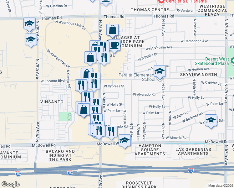 map of restaurants, bars, coffee shops, grocery stores, and more near 2041 North 73rd Lane in Phoenix