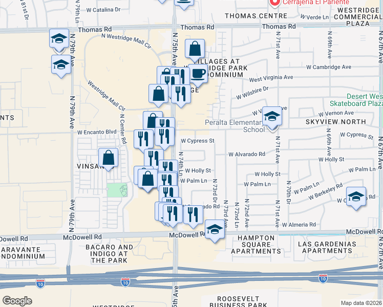 map of restaurants, bars, coffee shops, grocery stores, and more near 7416 West Monte Vista Road in Phoenix