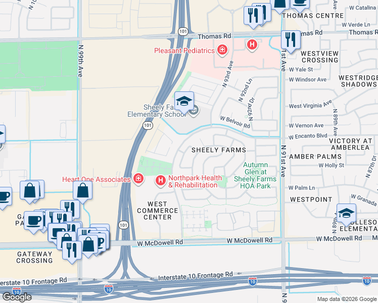 map of restaurants, bars, coffee shops, grocery stores, and more near 2118 North 94th Lane in Phoenix