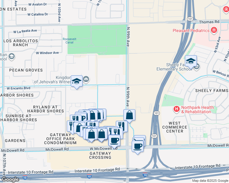 map of restaurants, bars, coffee shops, grocery stores, and more near 9901-10103 West Encanto Boulevard in Avondale